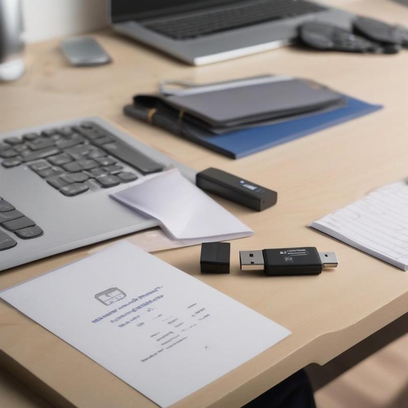 Một chiếc USB đã được tạo bộ cài đặt hệ điều hành, đặt trên bàn làm việc cùng tài liệu chuẩn bị, minh họa quy trình cài máy tính tại nhà chuẩn bị usb.